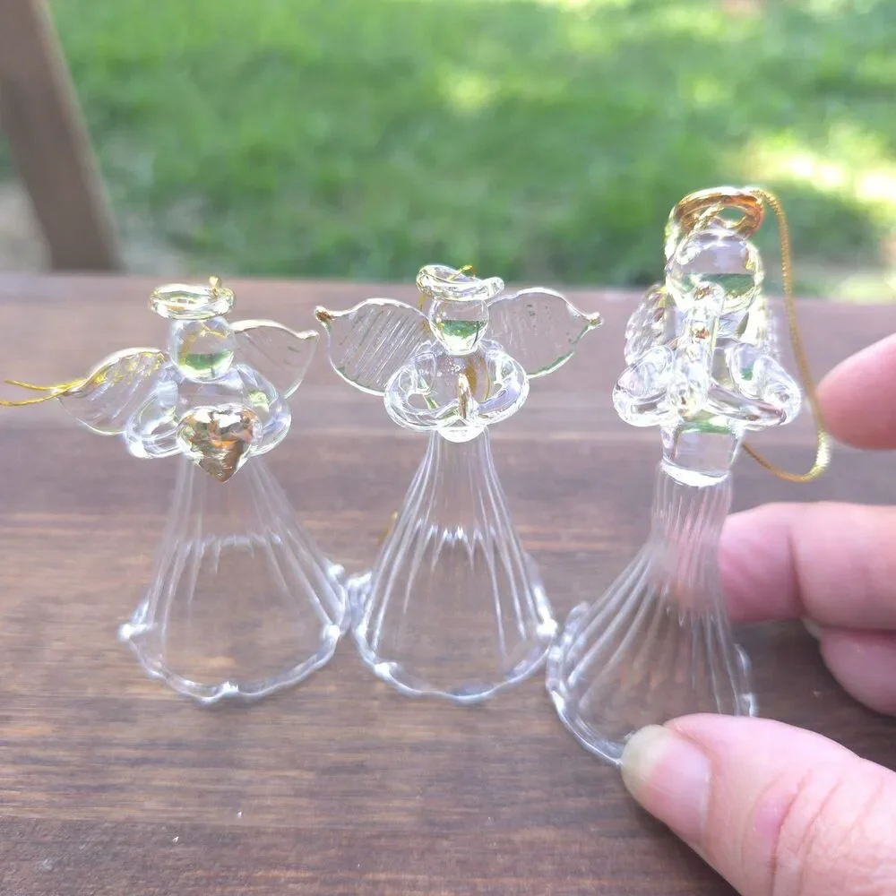 Vintage Set of 3 Glass Angel Ornaments Gold Trim Christmas Decorations